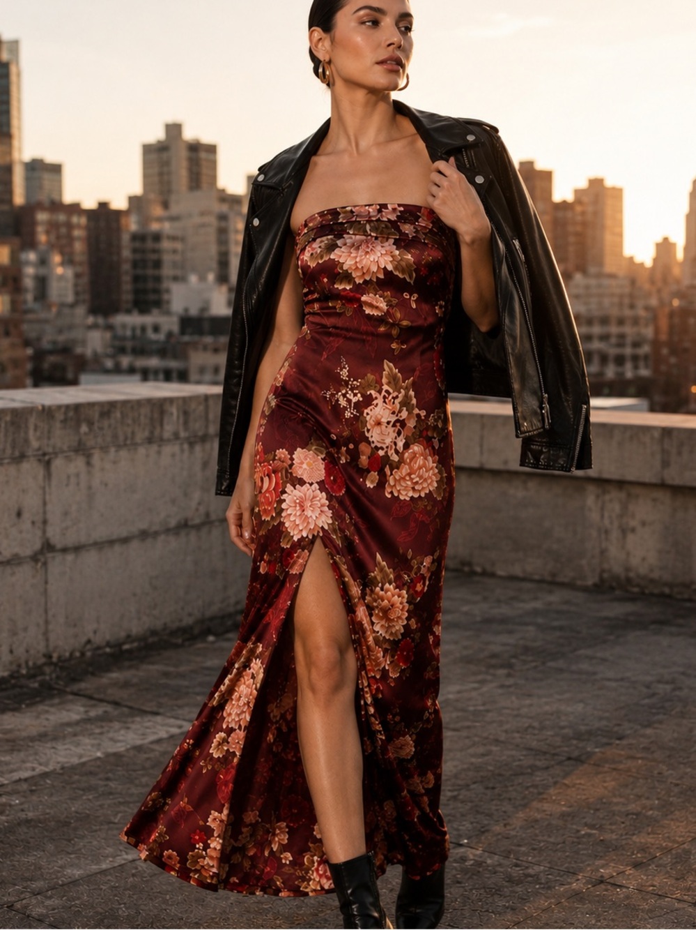 Altar'd State Avynly Floral Satin strapless Maxi Dress Burgundy XXS NWT